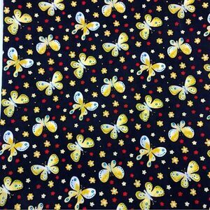 Yellow Butterflies Mini Fuchsia Yellow Flowers Black Fabric by Blank Textiles